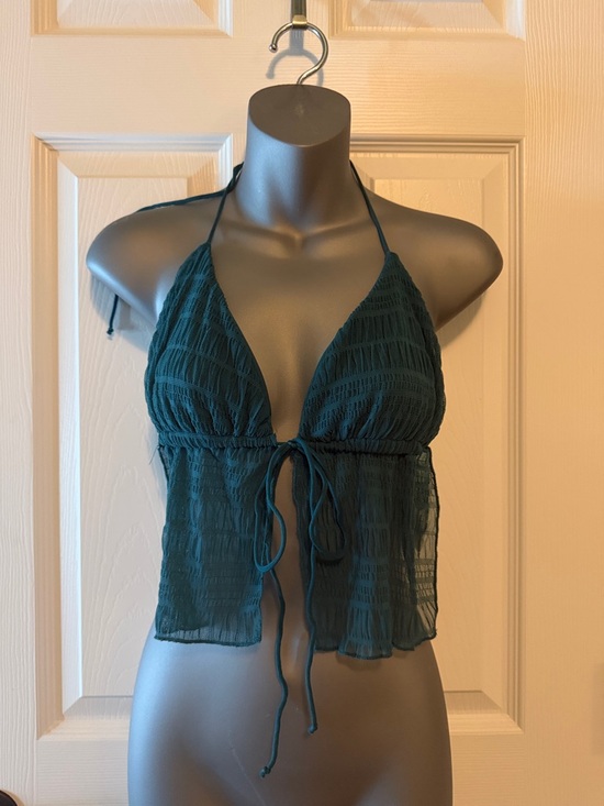 SHEIN Tops - SHEIN Teal Green Sheer Tie-Front Crop Halter Top
